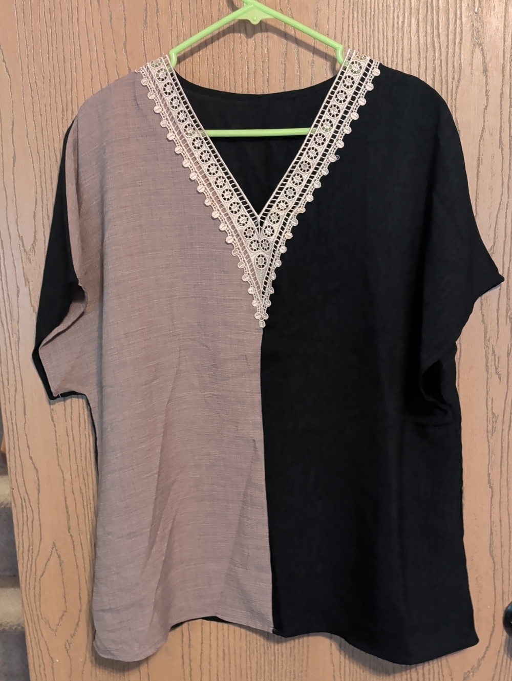 SHEIN Two-Tone Black and Taupe V-Neck Lace Trim Tunic